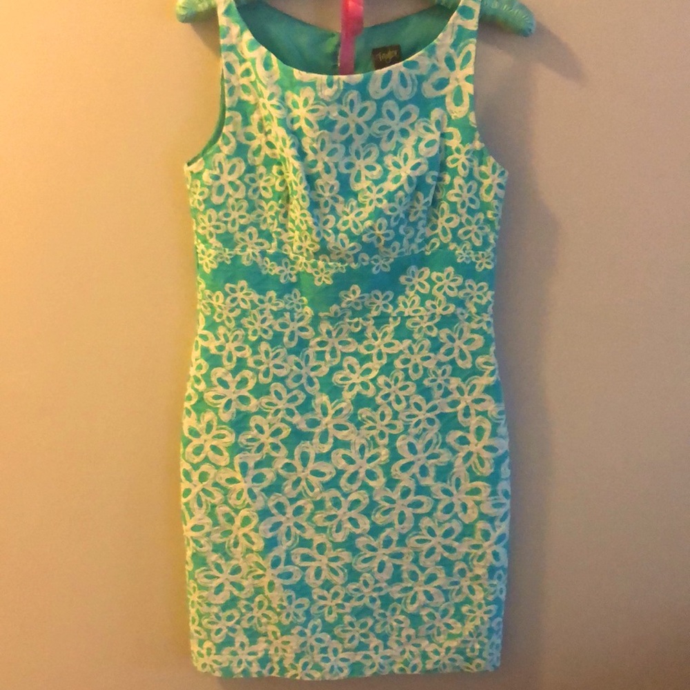 Teal and white floral pattern dress